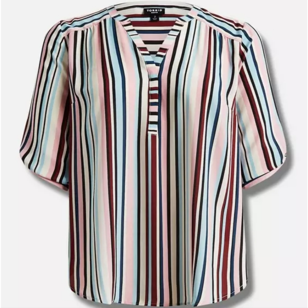 Torrid Multicolor Striped V-Neck Blouse Harper Georgette 3/4 Sleeve Blouse